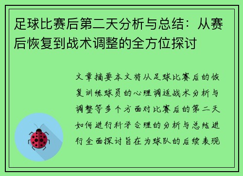 足球比赛后第二天分析与总结：从赛后恢复到战术调整的全方位探讨