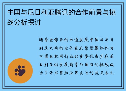 中国与尼日利亚腾讯的合作前景与挑战分析探讨